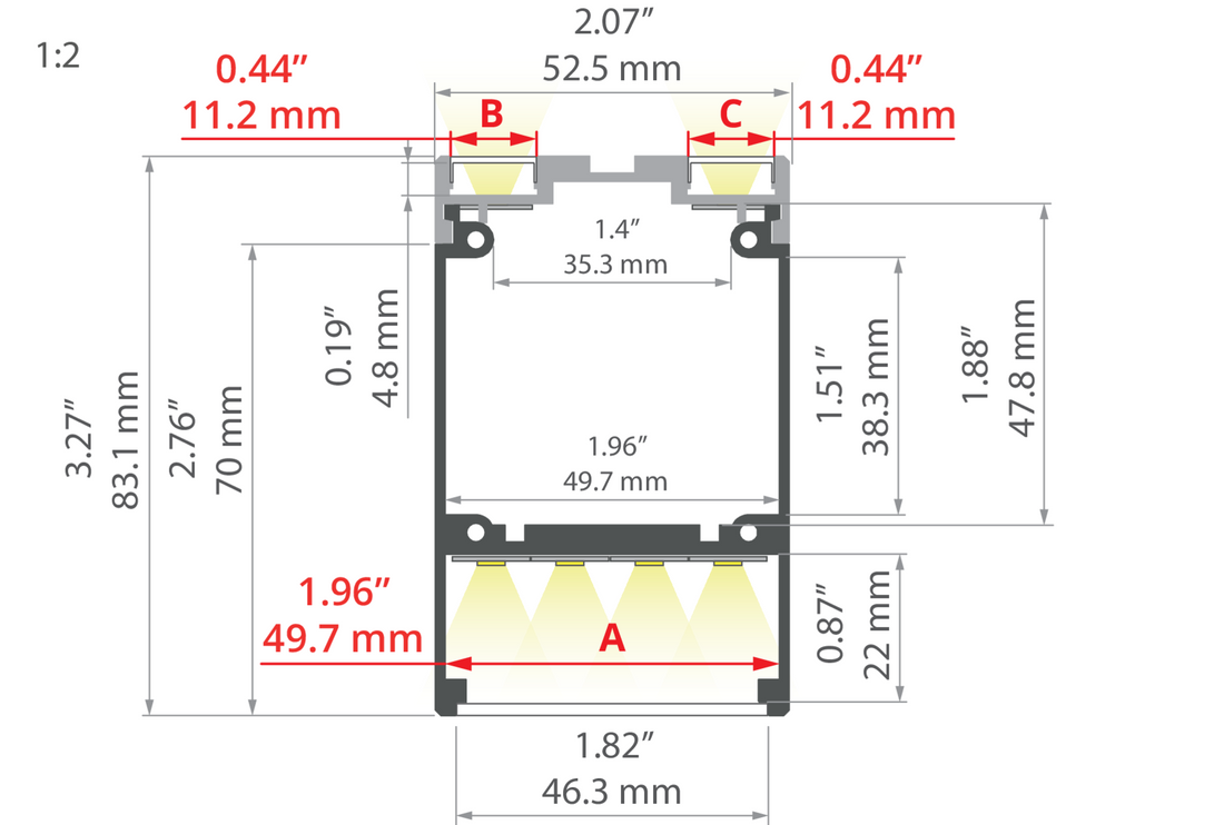 Desen tehnic profil aluminiu DES, secțiune 52,5 × 83,1 mm