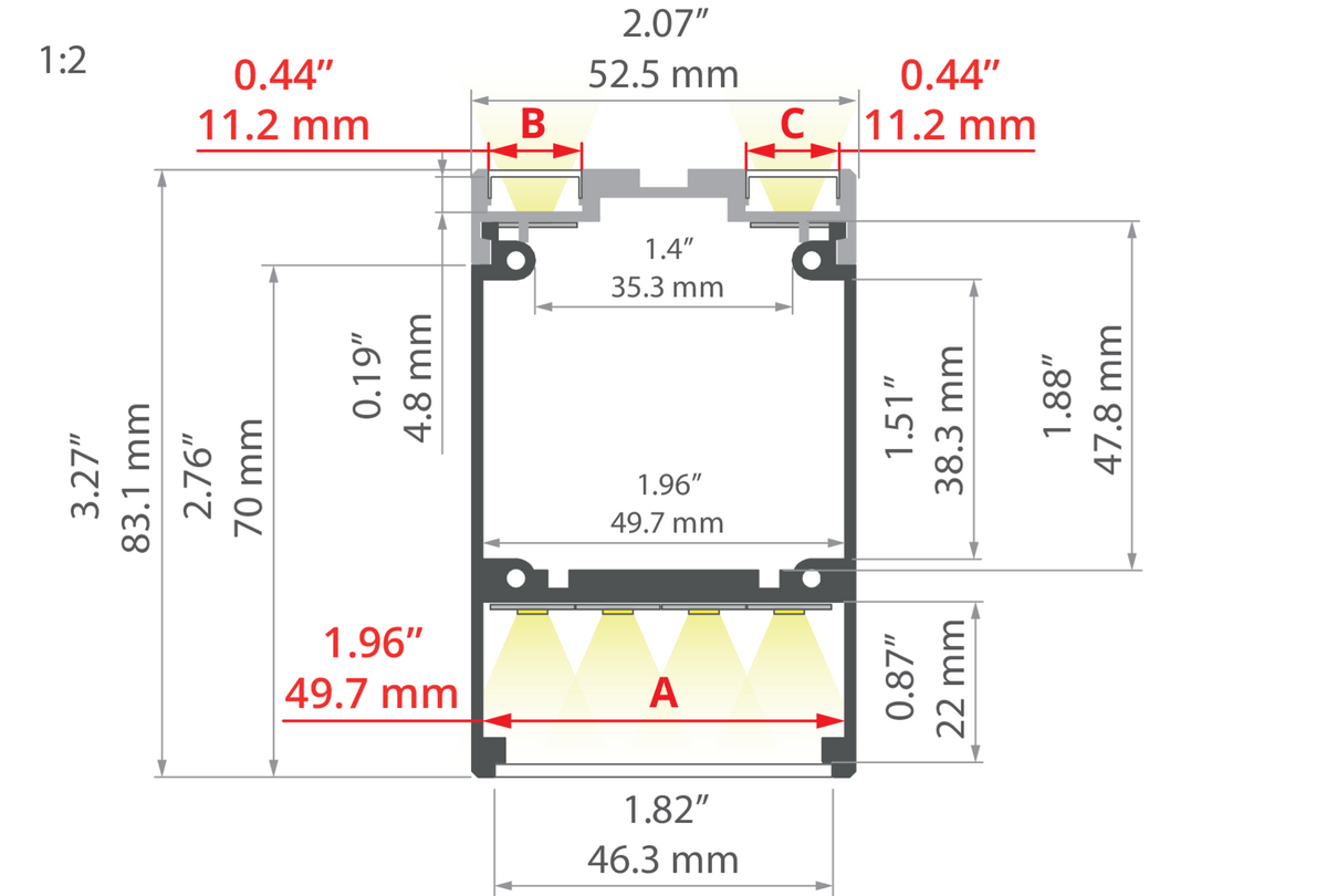 Desen tehnic profil aluminiu DES, secțiune 52,5 × 83,1 mm