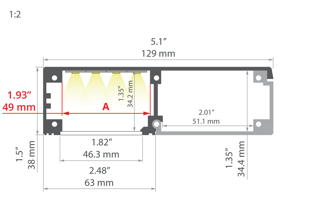 Desen tehnic profil aluminiu KIDES, secțiune 129 × 38 mm