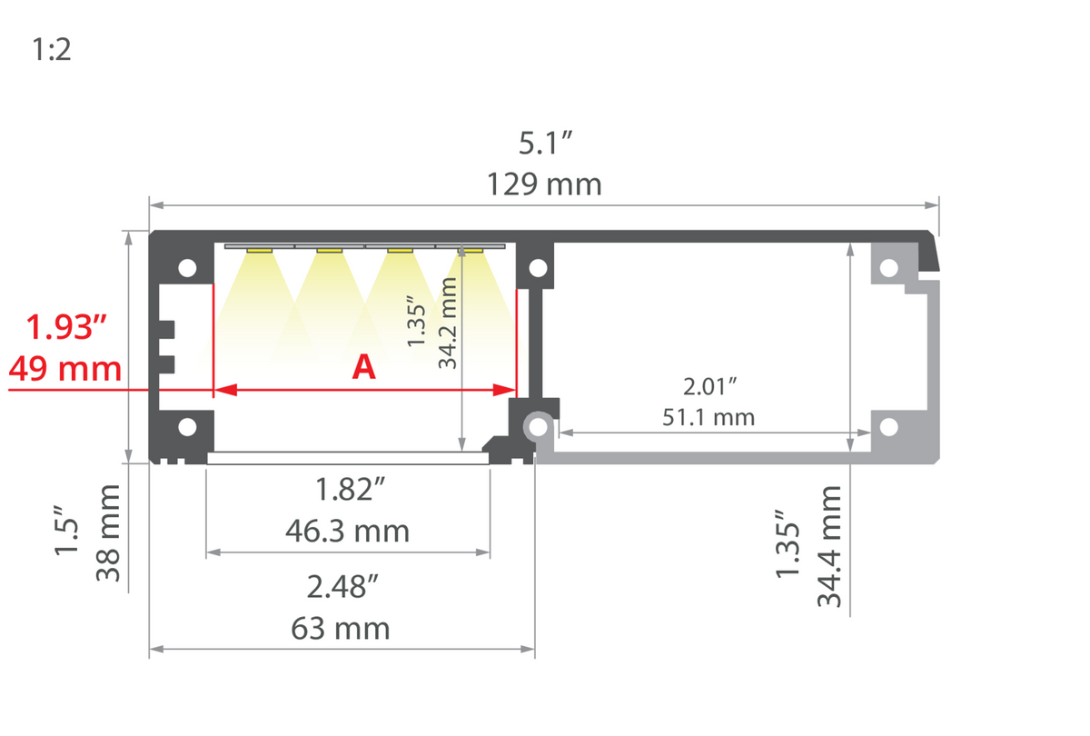 Desen tehnic profil aluminiu KIDES, secțiune 129 × 38 mm
