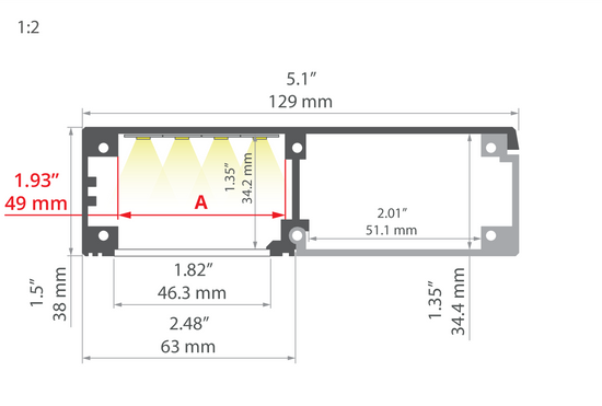 Desen tehnic profil aluminiu KIDES, secțiune 129 × 38 mm