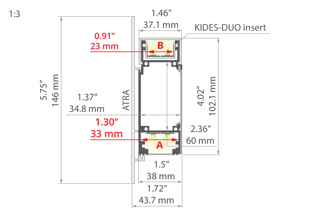 Desen tehnic profil aluminiu KIDES-DUO, secțiune 43,7 × 100 mm