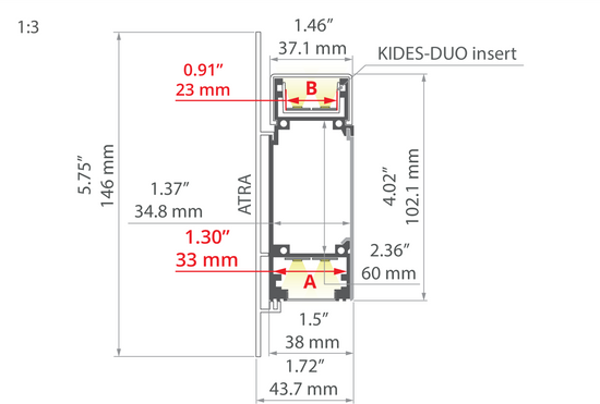 Desen tehnic profil aluminiu KIDES-DUO, secțiune 43,7 × 100 mm
