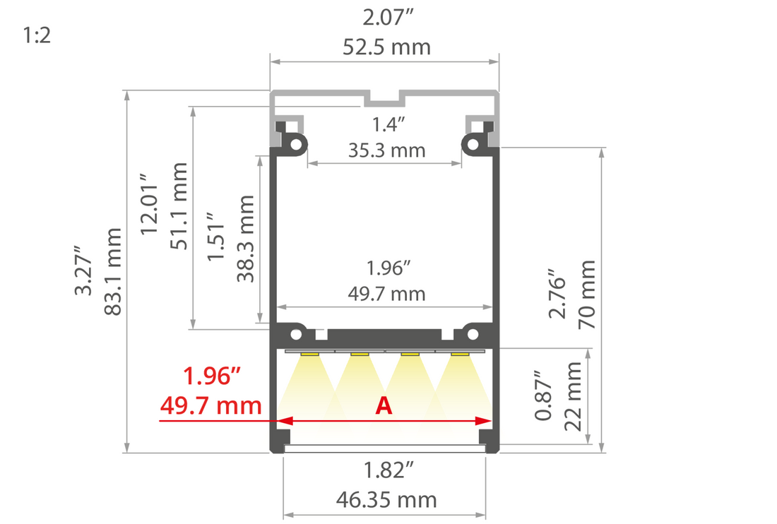 Desen tehnic profil aluminiu GLADES, secțiune 52,5 × 83,1 mm