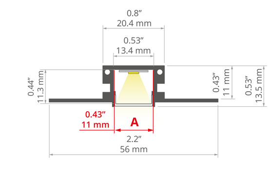 Desen tehnic profil aluminiu KOZMA-BD, secțiune 56 × 13,5 mm