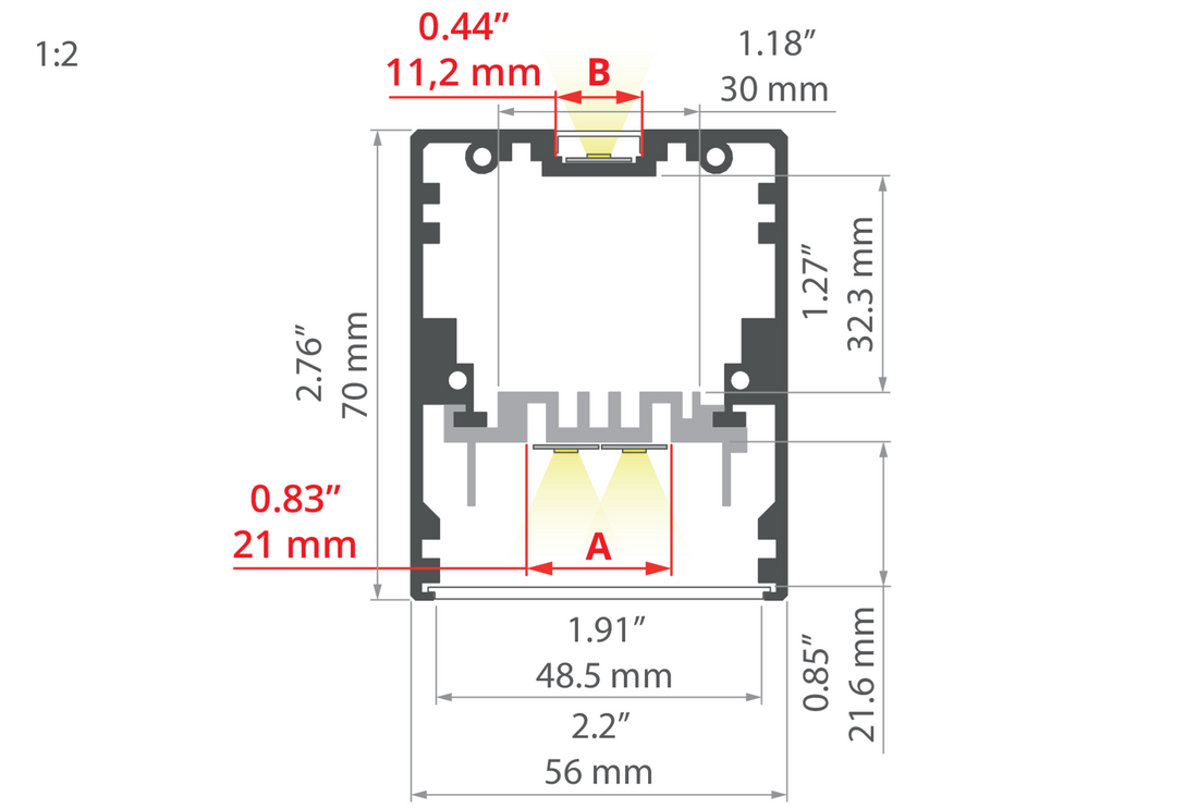 Desen tehnic profil aluminiu MOD-50, secțiune 56 × 70 mm