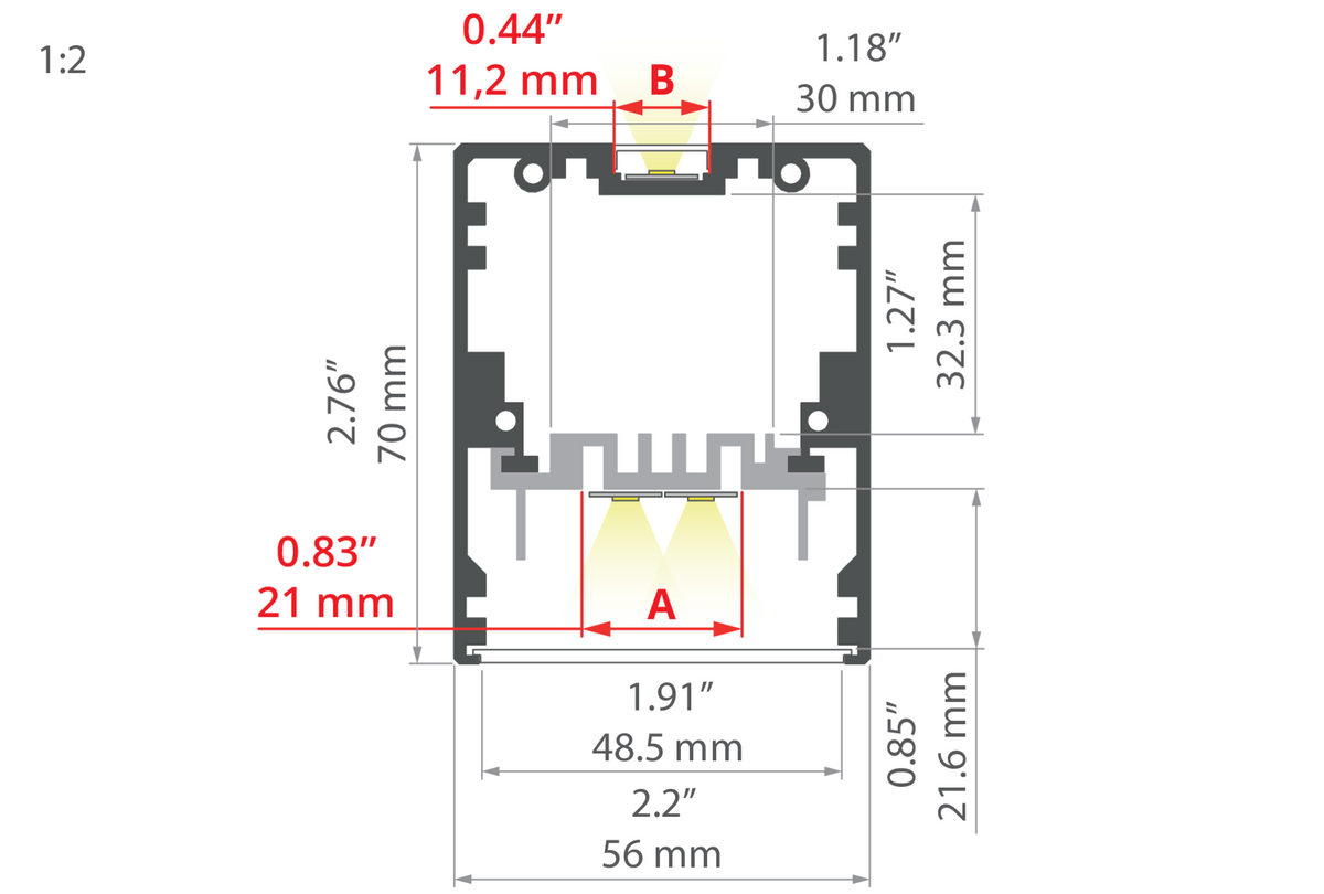 Desen tehnic profil aluminiu MOD-50, secțiune 56 × 70 mm