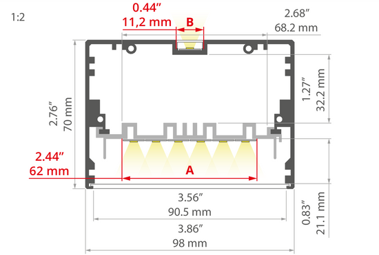 Desen tehnic profil aluminiu MOD-100, secțiune 98 × 70 mm