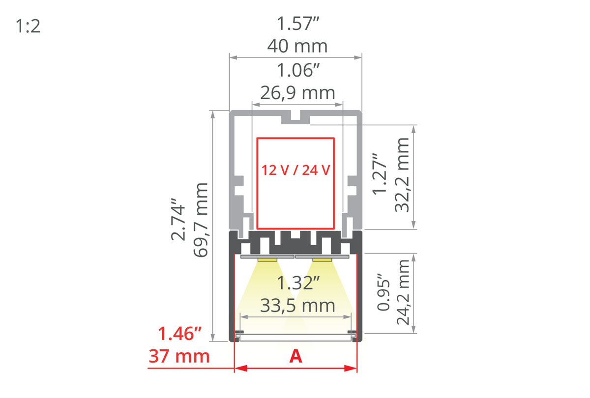 Desen tehnic profil aluminiu 4050-W, secțiune 40 × 69,7 mm