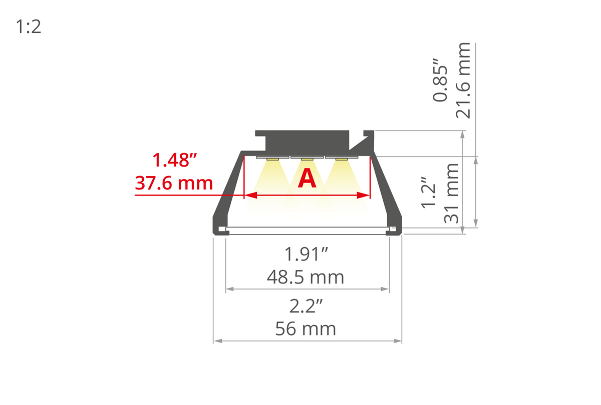 Desen tehnic profil aluminiu OMODO-50, secțiune 56 × 31 mm