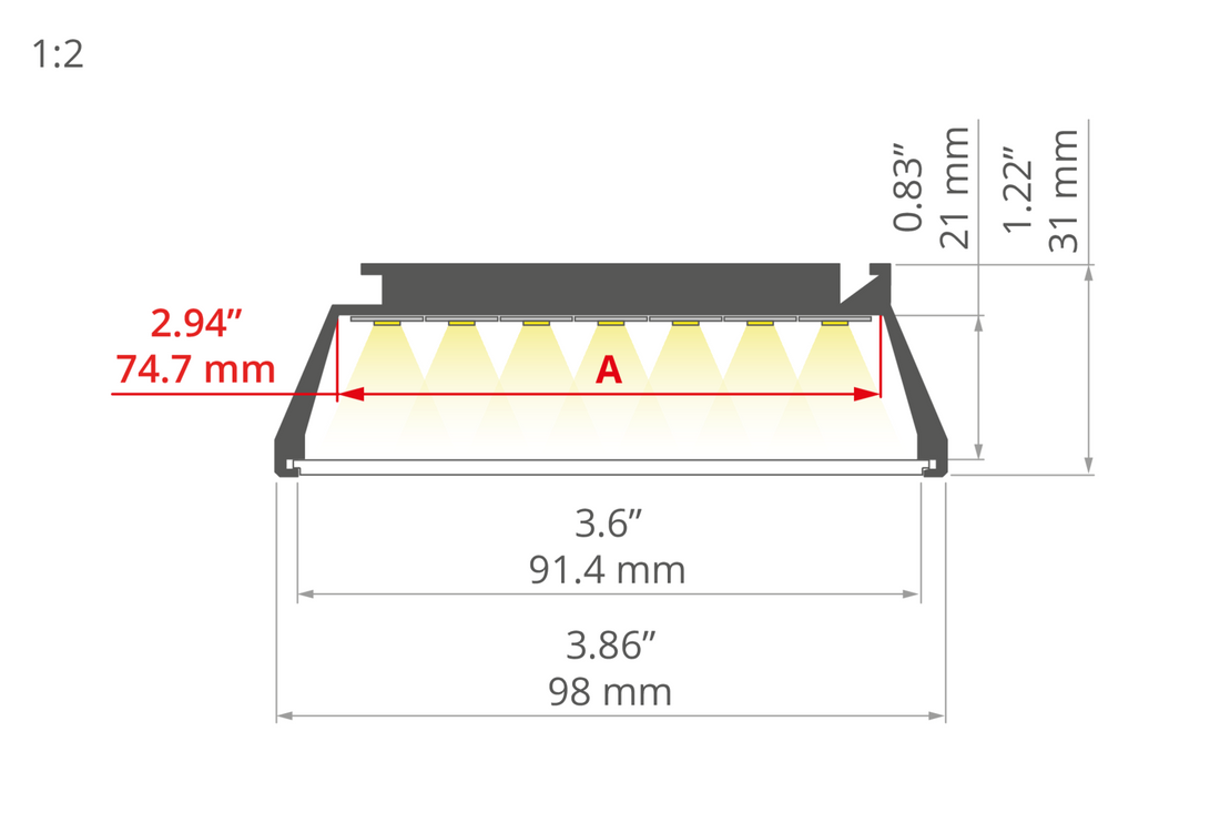 Desen tehnic profil aluminiu OMODO-100, secțiune 98 × 31 mm