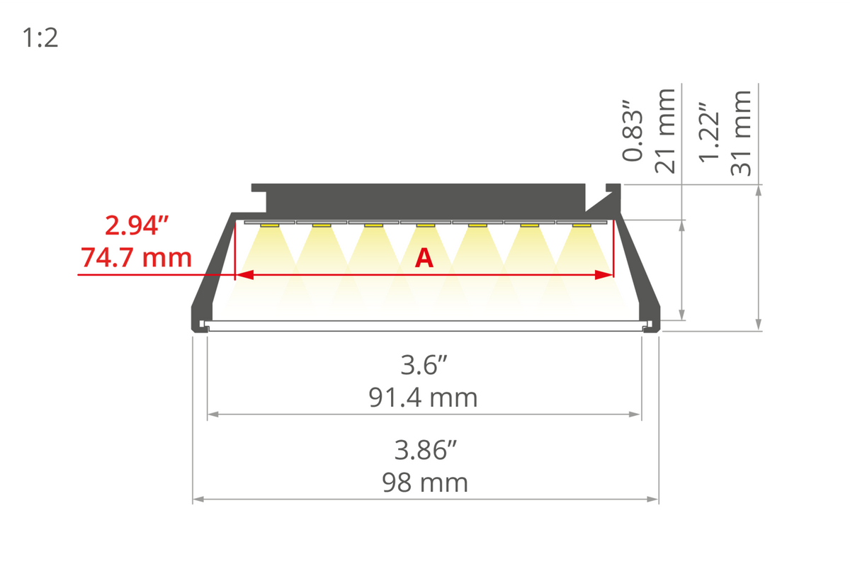 Desen tehnic profil aluminiu OMODO-100, secțiune 98 × 31 mm