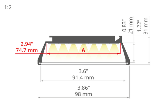 Desen tehnic profil aluminiu OMODO-100, secțiune 98 × 31 mm