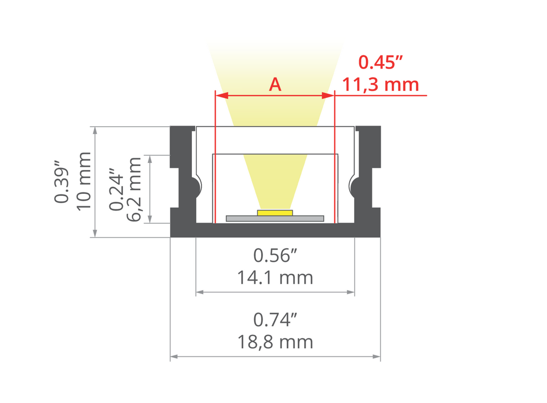 Desen tehnic profil aluminiu HR-SLIM, secțiune 18,8 × 10 mm