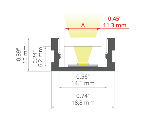 Desen tehnic profil aluminiu HR-SLIM, secțiune 18,8 × 10 mm