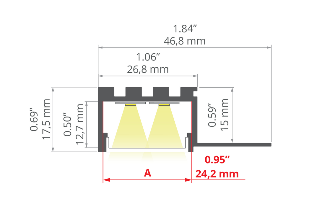 Desen tehnic profil aluminiu KOZUS-BOK, secțiune 46,8 × 17,5 mm