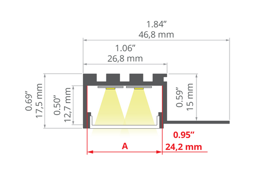 Desen tehnic profil aluminiu KOZUS-BOK, secțiune 46,8 × 17,5 mm