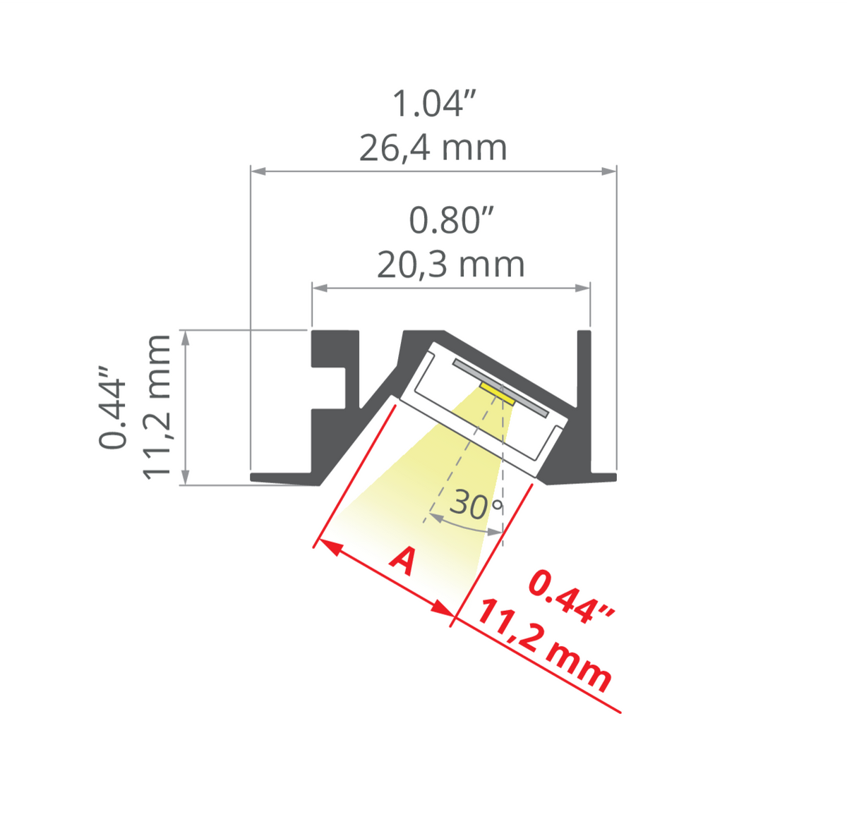 Desen tehnic profil aluminiu MICRO-30DEG-K, secțiune 20,3 × 11,2 mm