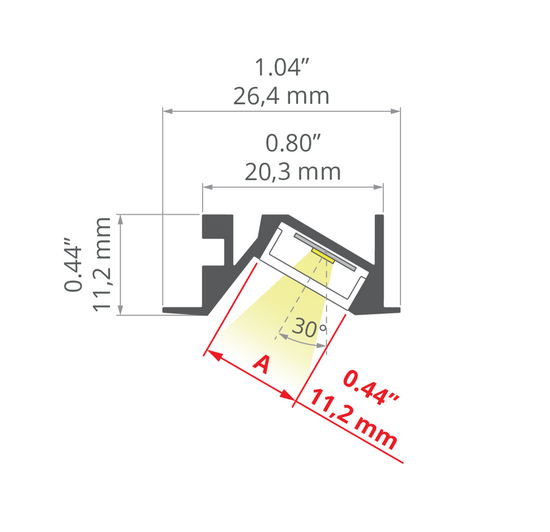 Desen tehnic profil aluminiu MICRO-30DEG-K, secțiune 20,3 × 11,2 mm