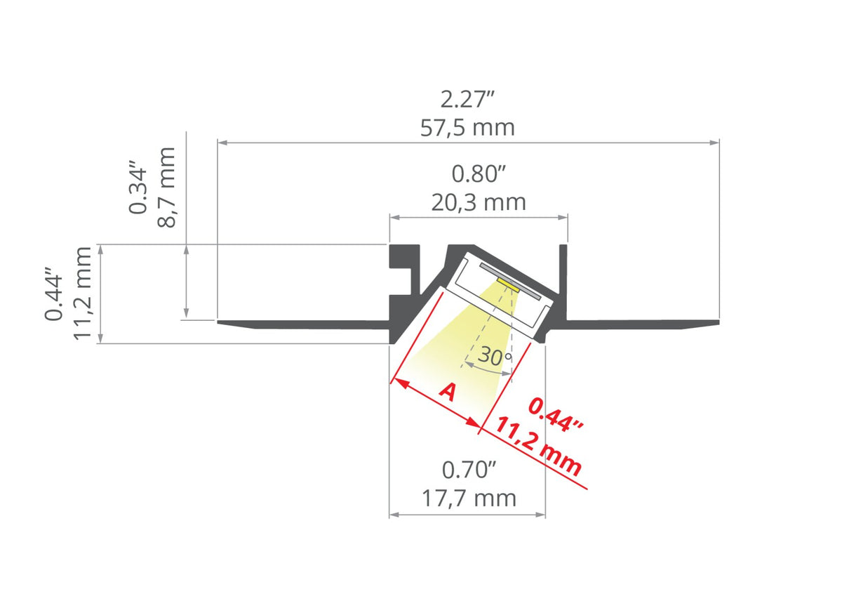 Desen tehnic profil aluminiu MICRO-30DEG-KOZ, secțiune 57,5 × 11,2 mm