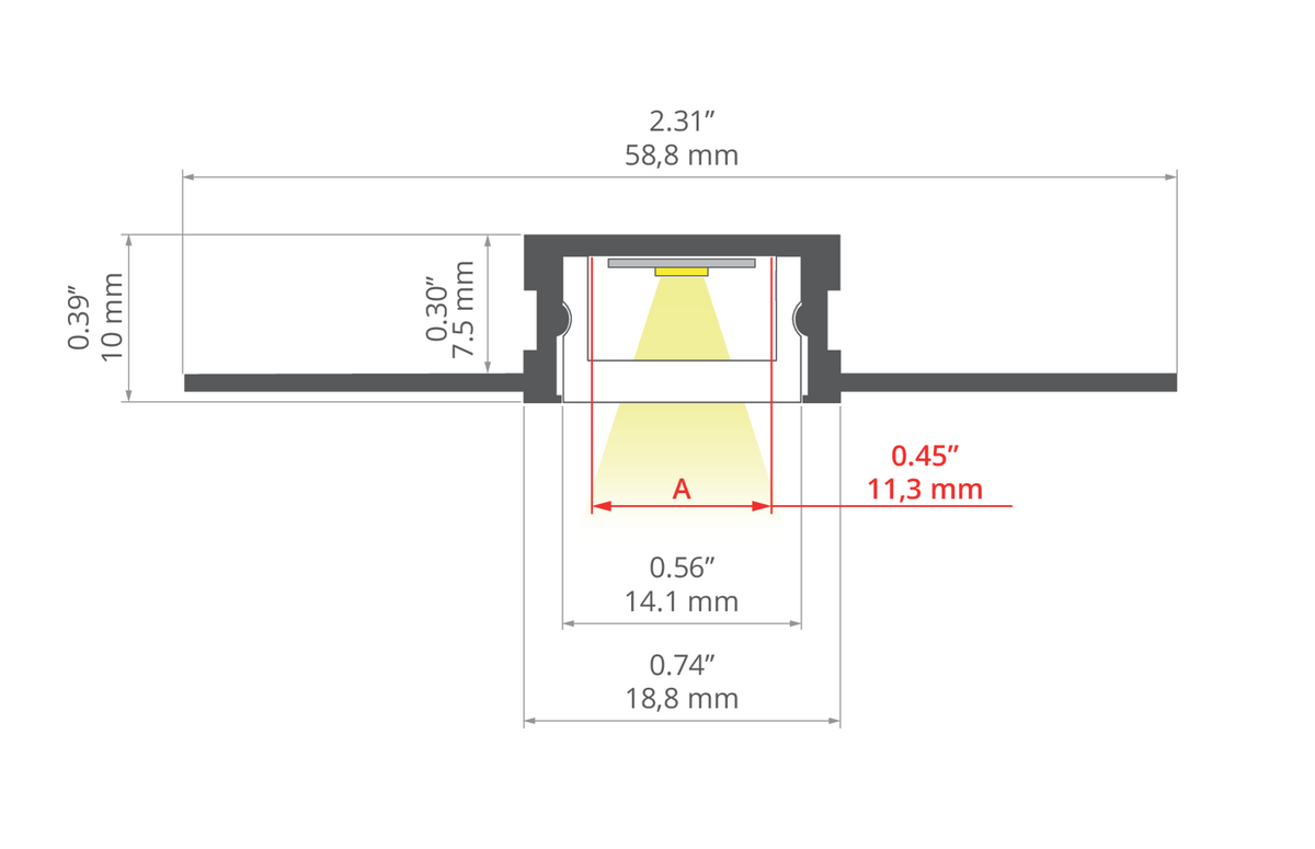 Desen tehnic profil aluminiu HR-SLIM-KOZ, secțiune 58,8 × 10 mm