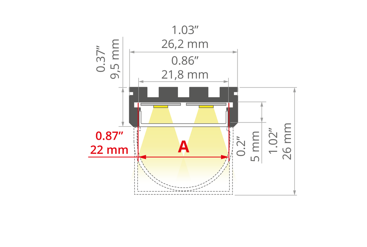 Desen tehnic profil aluminiu GIZA, secțiune 26,2 × 9,5 mm