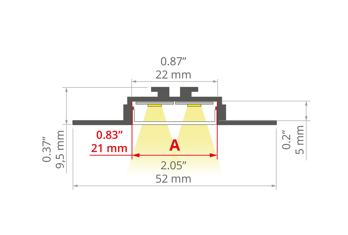 Desen tehnic profil aluminiu OPAC-30, secțiune 52 × 9,5 mm
