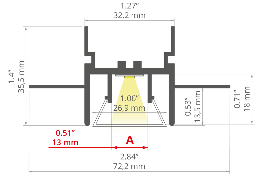 Desen tehnic profil aluminiu FOLED, secțiune 72,2 × 35,5 mm