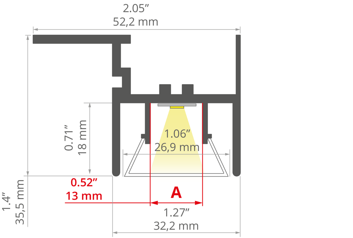 Desen tehnic profil aluminiu FOLED-SUF, secțiune 52,2 × 35,5 mm