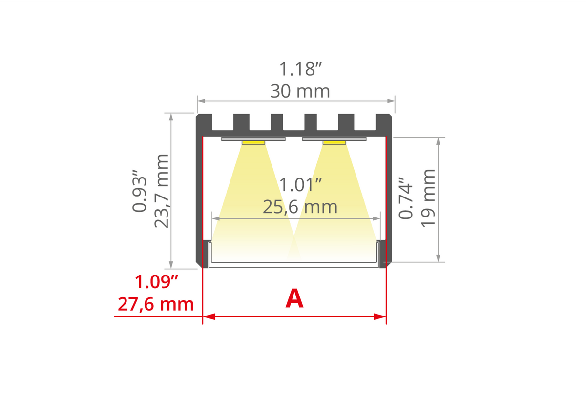 Desen tehnic profil aluminiu 3035-O, secțiune 30 × 23,7 mm