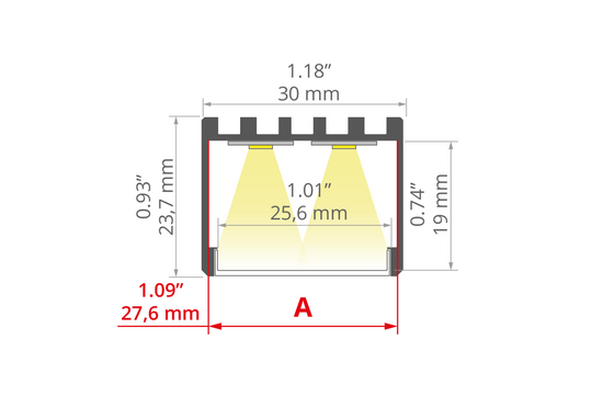 Desen tehnic profil aluminiu 3035-O, secțiune 30 × 23,7 mm