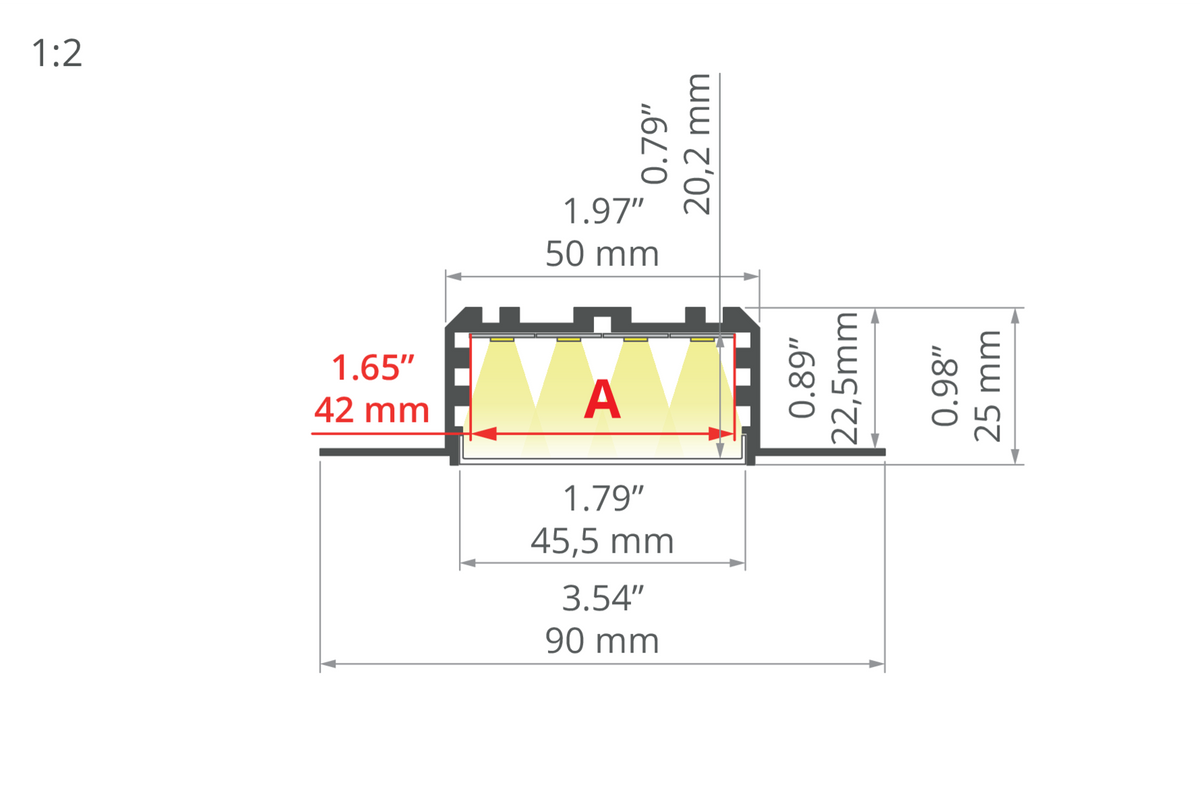 Desen tehnic profil aluminiu KOZEL-50, secțiune 90 × 25 mm
