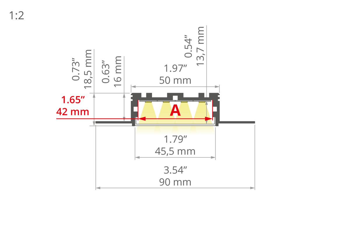 Desen tehnic profil aluminiu KOZUS-50, secțiune 90 × 18,5 mm