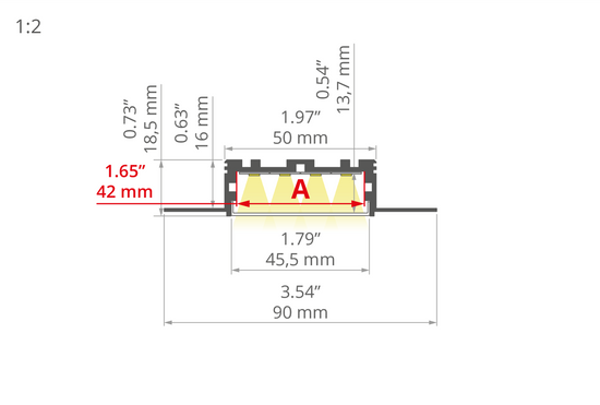 Desen tehnic profil aluminiu KOZUS-50, secțiune 90 × 18,5 mm