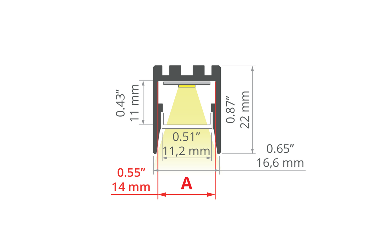 Desen tehnic profil aluminiu PDS-ZMG, secțiune 16,6 × 22 mm