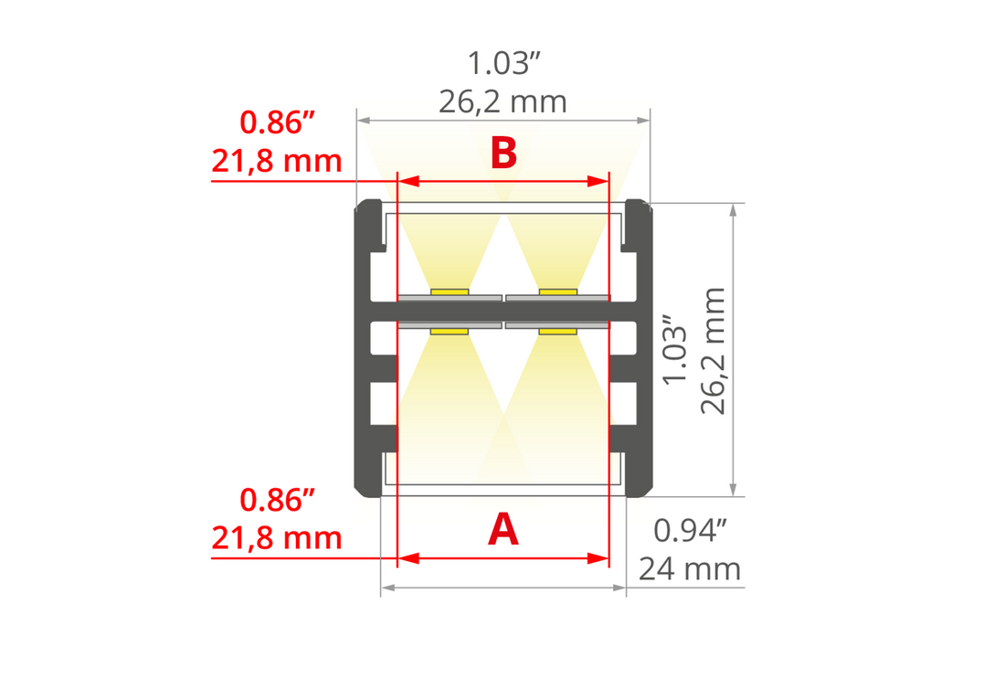 Desen tehnic profil aluminiu GLAZA-DUO, secțiune 26,2 × 26,2 mm