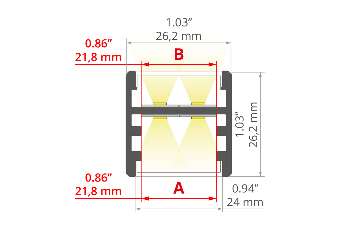 Desen tehnic profil aluminiu GLAZA-DUO, secțiune 26,2 × 26,2 mm