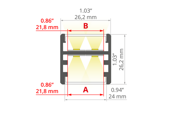 Desen tehnic profil aluminiu GLAZA-DUO, secțiune 26,2 × 26,2 mm