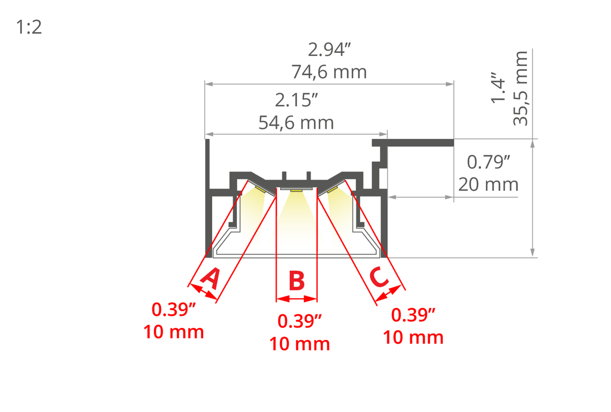 Desen tehnic profil aluminiu FOLED-50-SUF, secțiune 74,6 × 35,5 mm
