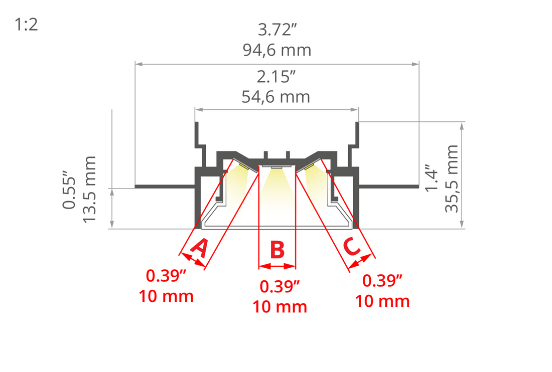 Desen tehnic profil aluminiu FOLED-50, secțiune 94,6 × 35,5 mm