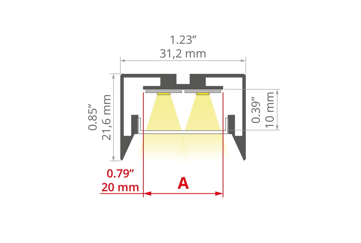 Desen tehnic profil aluminiu GIZA-LL-ZMG, secțiune 31,2 × 21,6 mm