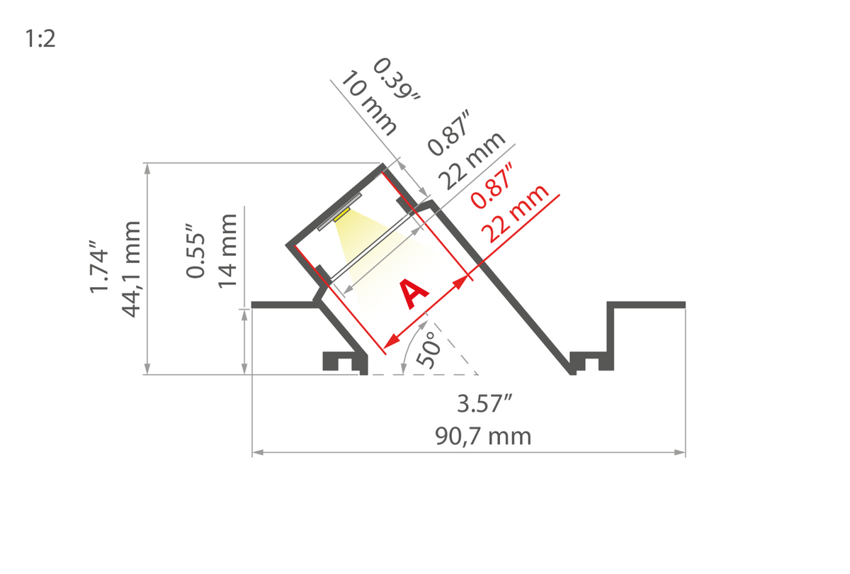 Desen tehnic profil aluminiu DIPOKET, secțiune 90,7 × 44,1 mm