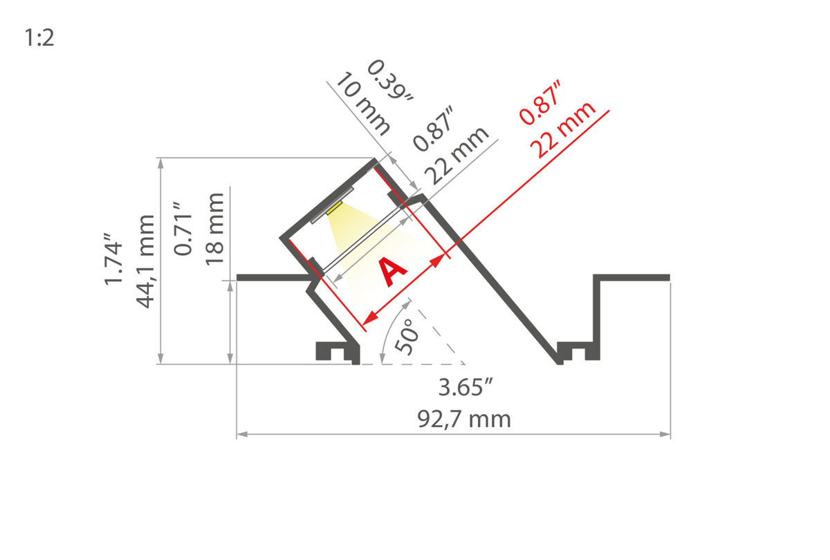 Desen tehnic profil aluminiu DIPOK-US, secțiune 92,7 × 44,1 mm