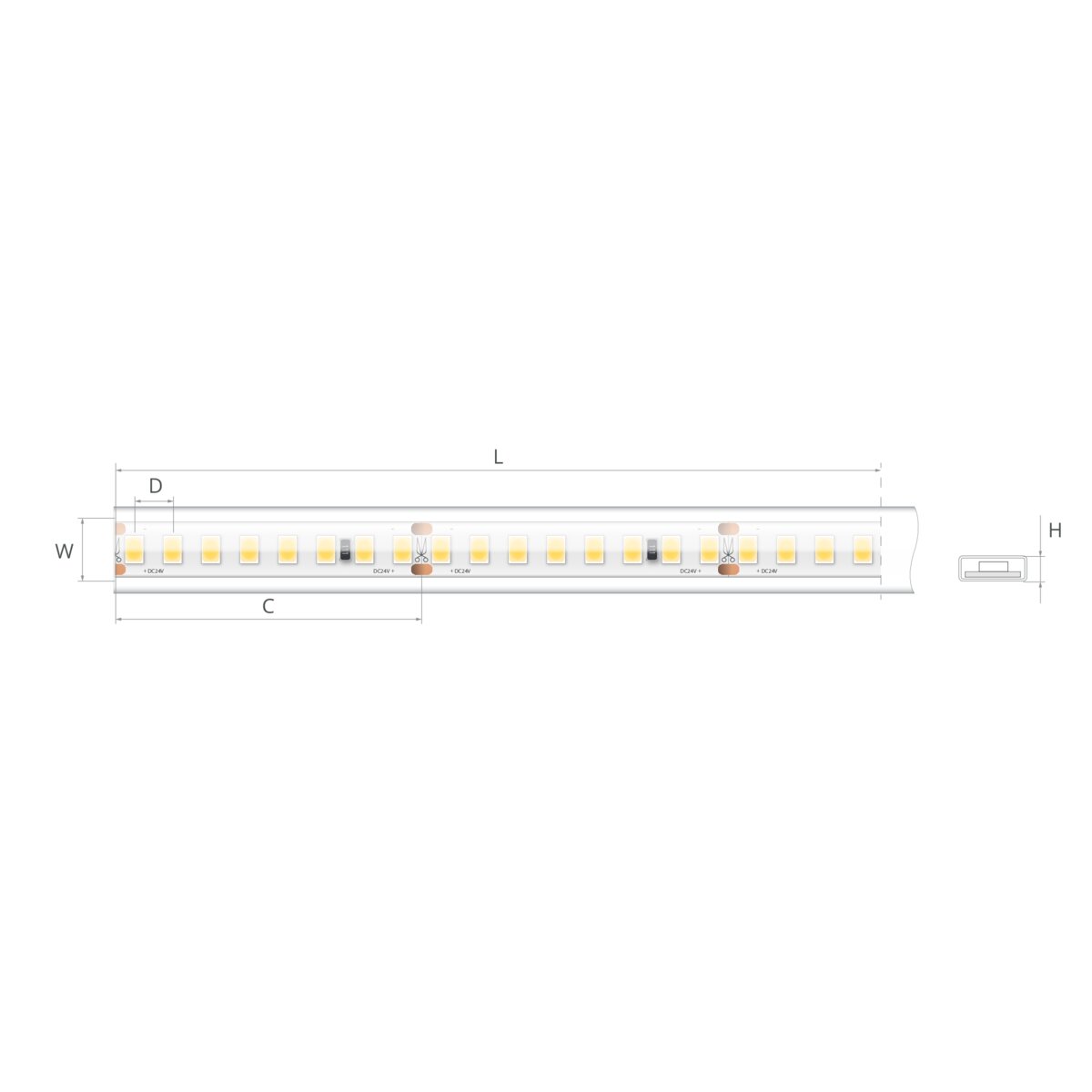 Bandă LED 24V 2 W/m, 160 LED/m, CRI 90, IP65, 10,7×3 mm