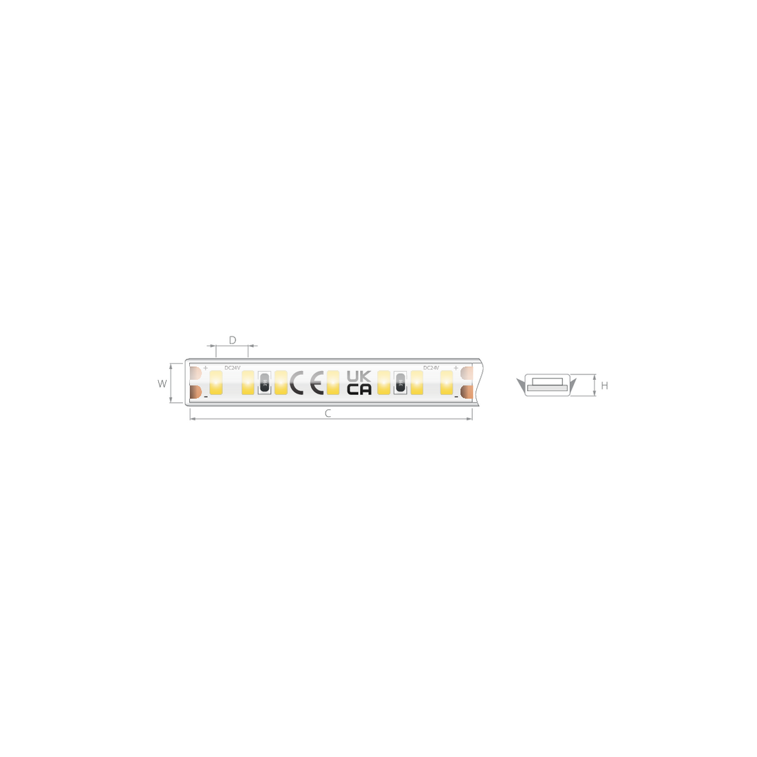 Desen tehnic bandă LED îngustă 24V 4,5 W/m, 196 LED/m, CRI 90, IP65, 8×2,7 mm
