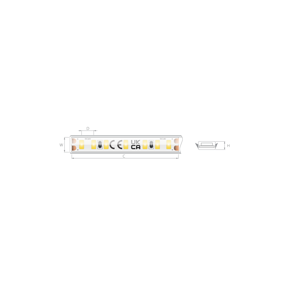 Desen tehnic bandă LED îngustă 24V 4,5 W/m, 196 LED/m, CRI 90, IP65, 8×2,7 mm