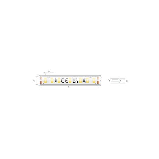 Desen tehnic bandă LED îngustă 24V 4,5 W/m, 196 LED/m, CRI 90, IP65, 8×2,7 mm
