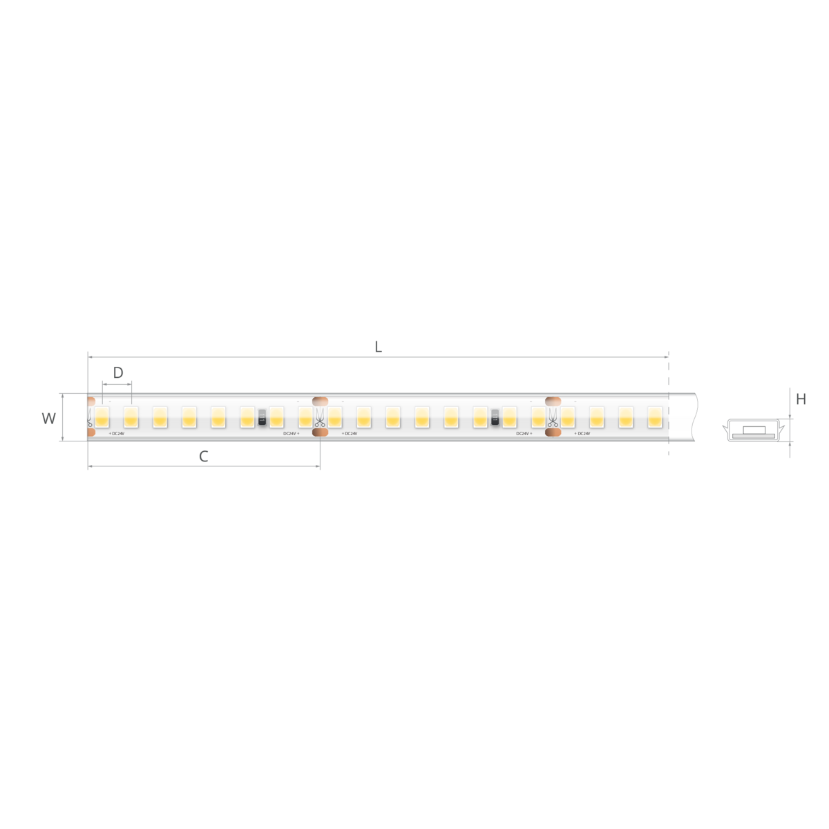 Bandă LED 24V 7,2 W/m, 160 LED/m, CRI 90, IP65, 10,7×4,1 mm