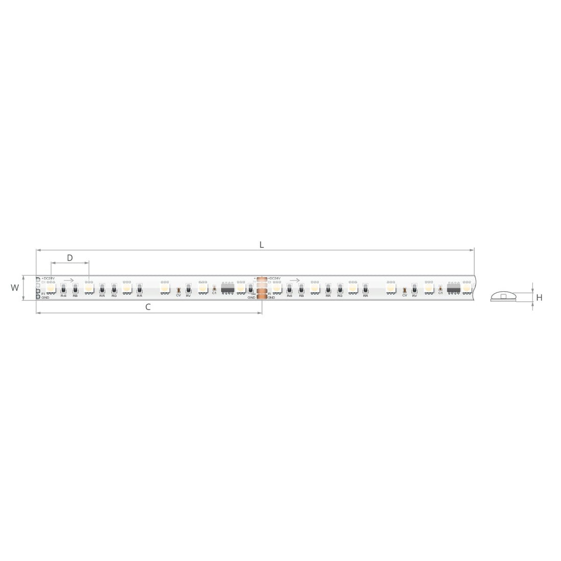 Bandă LED digitală RGB+W 24V 22,46 W/m, 72 LED/m, CRI 90, IP65, 12×2,2 mm