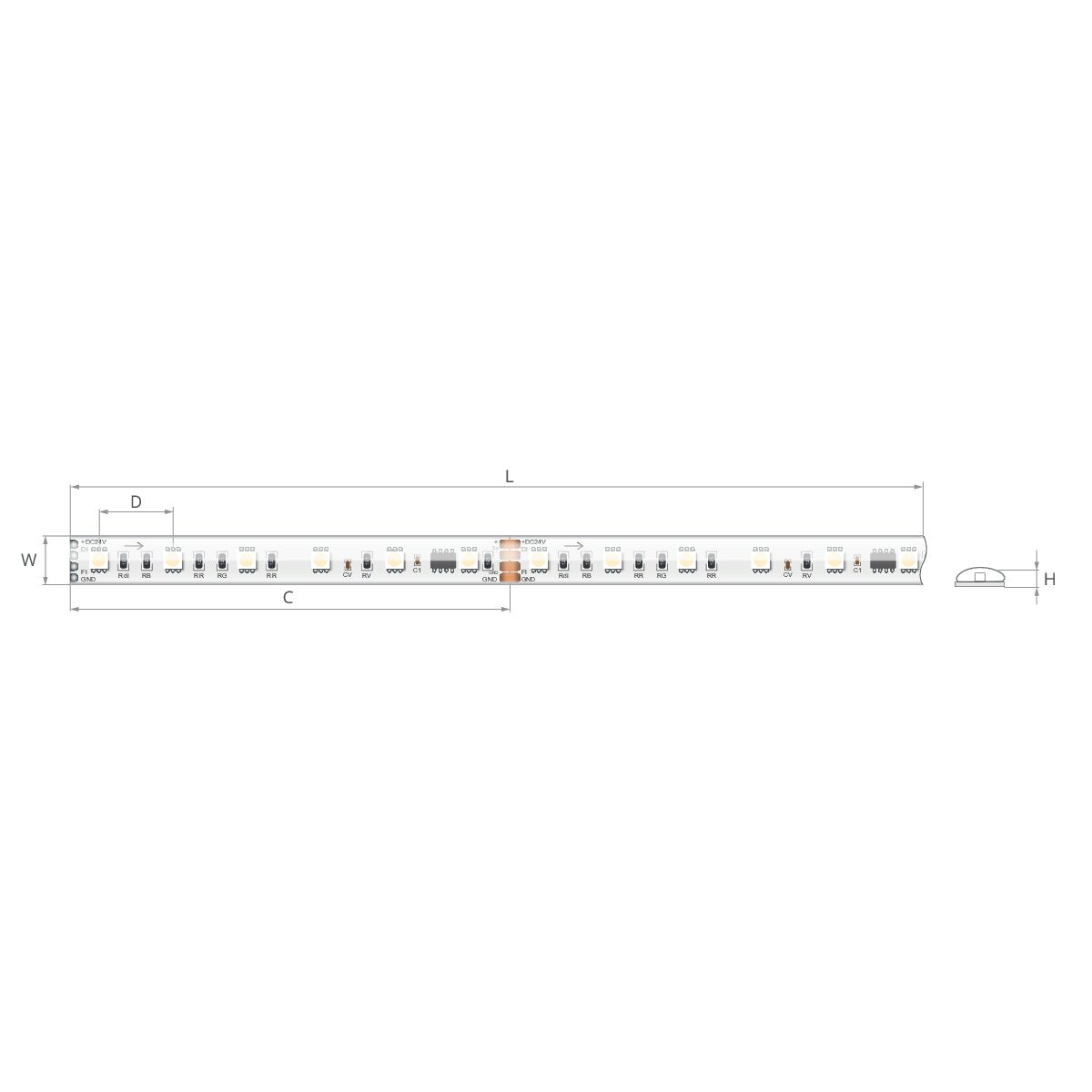 Bandă LED digitală RGB+W 24V 22,46 W/m, 72 LED/m, CRI 90, IP65, 12×2,2 mm